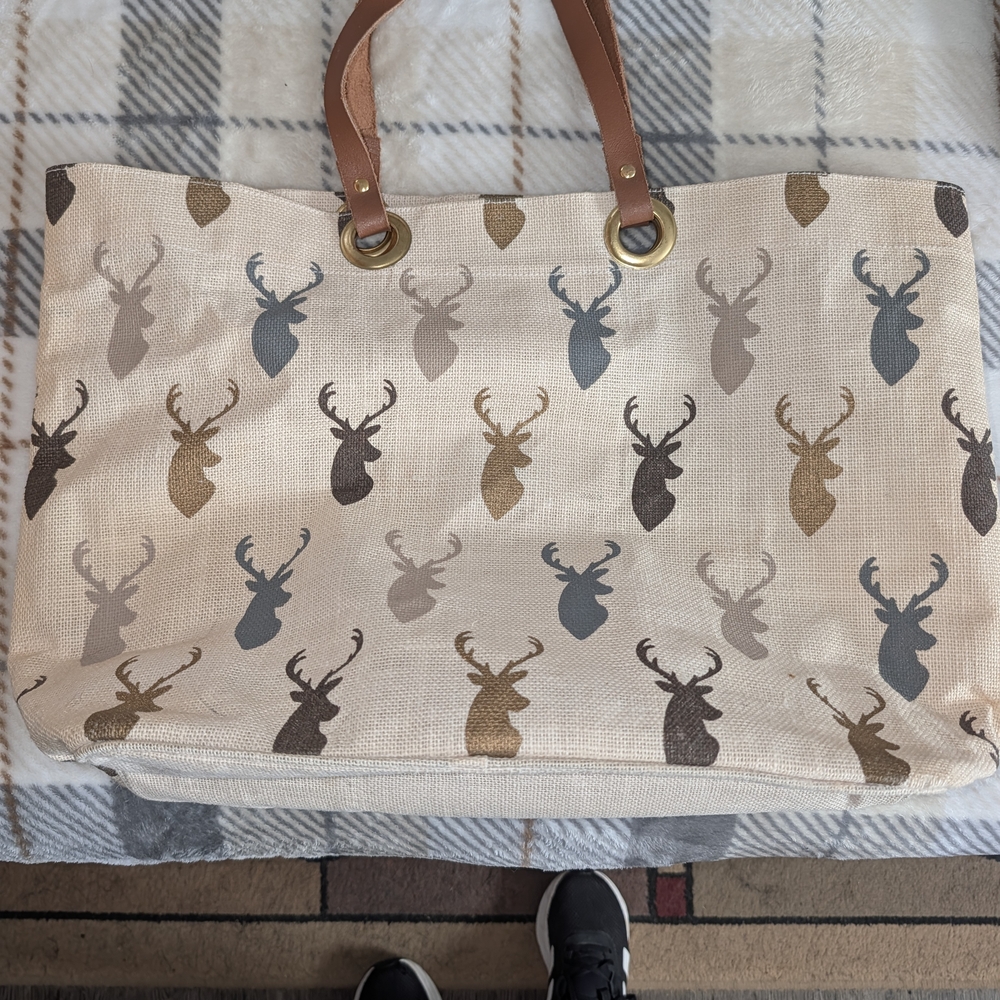 Mud Pie Cream and Brown Deer Print Shoulder Bag
